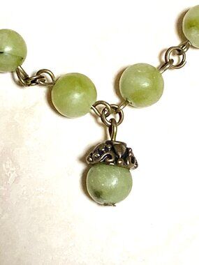 Genuine Fern Green Serpentine Short Necklace, Gemstone & Bronze Acorn Pendant